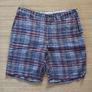 Peter Millar Seaside Madras blue plaid‎ 100% linen shorts men’s 34